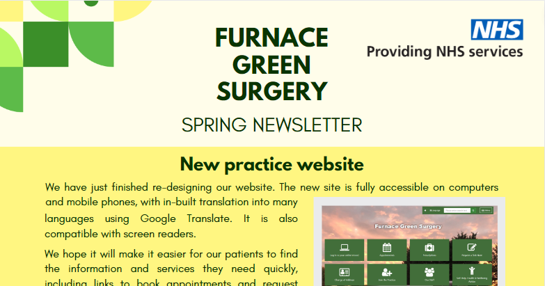 A preview of the practice newsletter. The first heading is visible, which says "New practice website"