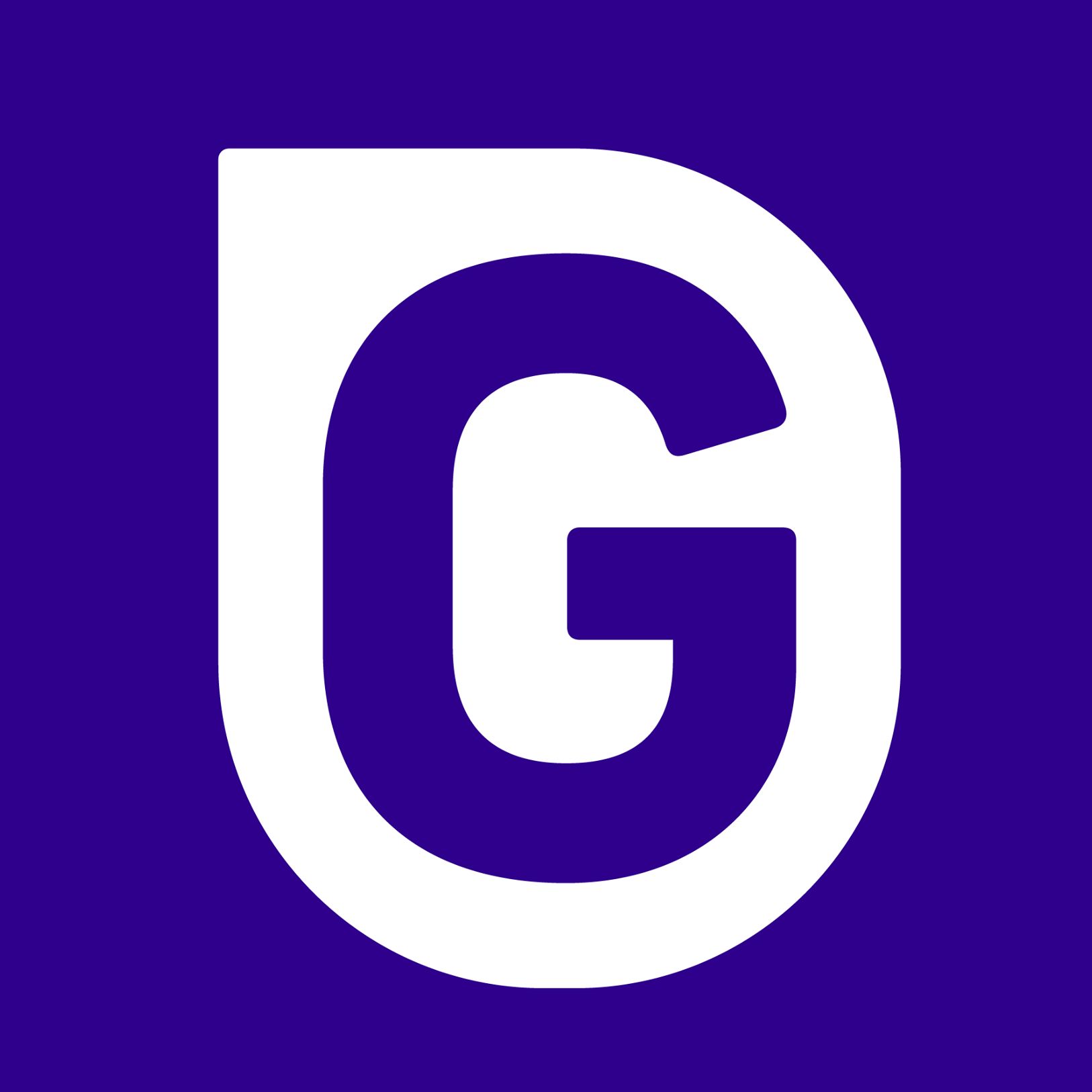 A large capital G in purple on a white background