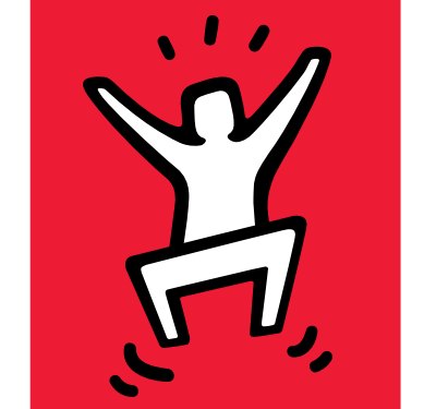 A white stick figure jumping up from the ground on a red background